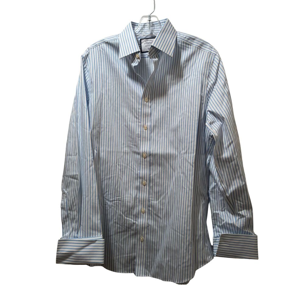 Charles Tyrwhitt Dress Shirt 15.5 (33) White Blue Stripes Slim Fit French Cuffs